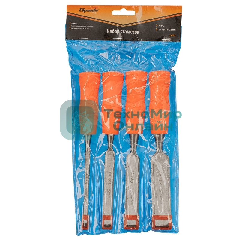 Набор стамесок Sparta 4 шт, 6-12-18-24 мм, плоские, пластиковые ударные рукоятки