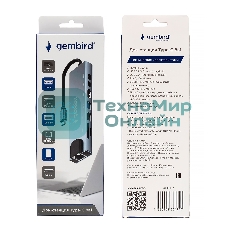 Концентратор USB Type-C Gembird UHB-D3, 8в1: USB2.0, USB3.1, Type-C PD87W, Type-C, HDMI, SD/TF, RJ45, кабель 20 см, алюминий