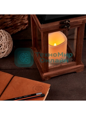 Декоративный фонарь Neon-night со свечкой, корпус из дерева, размер 14х14х35cм, теплый белый