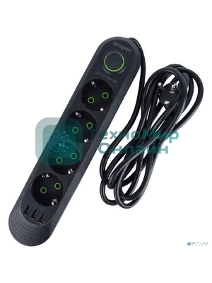 Сетевой удлинитель Amper , 2,0м, 4 розетки, 3*0,75мм, 10А, 2500 Вт, 3usb, черный.