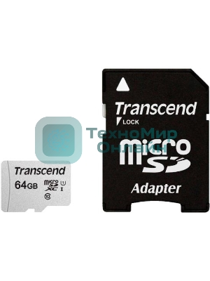 Флеш карта Micro SecureDigital 64Gb Transcend Class 10 TS64GUSD300S-A MicroSDXC Class 10 UHS-I, SD adapter