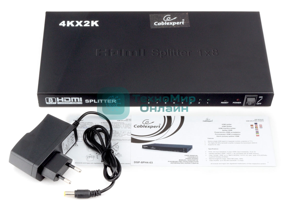 Разветвитель HDMI Cablexpert DSP-8PH4-03, HD19F/8x19F, 1 компьютер => 8 мониторов, Full-HD, 3D, 1.4v, каскадируемый