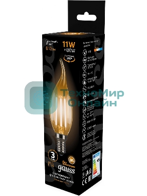 Лампа светодиодная филаментная Gauss Filament 11Вт цок.: E14 свеча 220B св. свеч. бел. теп. CF35 (упак.: 10 шт)