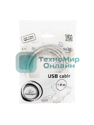Кабель-удлинитель USB2.0 Pro Cablexpert CCF-USB2-AMAF-TR-6, AM/AF, 1,8м, экран, 2феррит.кольца, прозрачный, пакет
