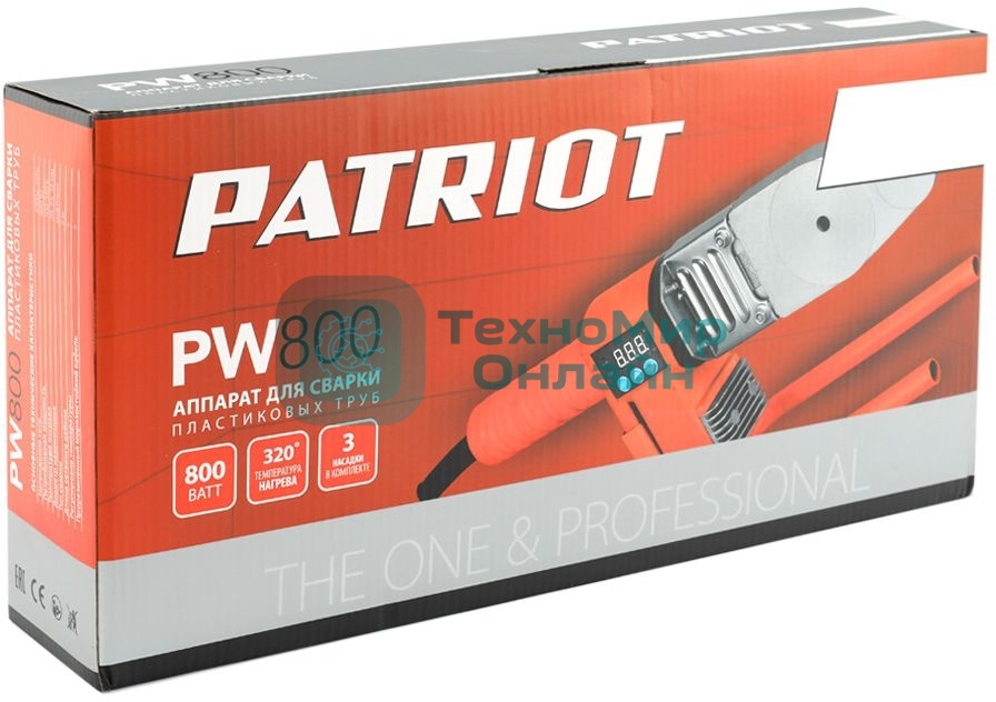 Аппарат для сварки пластиковых труб PATRIOT PW 800, 3 насадки, электронная регулировка, ЖК дисплей, 800W, кейс металл.