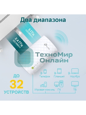 Усилитель Wi-Fi сигнала TP-Link AC750 OneMesh WiFi Range Extender, 300Mbps at 2.4G and 433Mbps at 5G, compact house with internal antennas, 1 10/100Mbps Ethernet port, WPS button for quick setup, Smart Indicator for best location, support OneMeshTMtechnology (802.11k/v seamless r