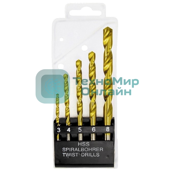 Набор Matrix нитридтитановых сверл по металлу, 3-4-5-6-8 мм, HSS, 5 шт., пласт. кор. цил. хвост.