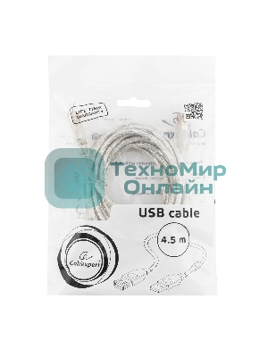 Кабель-удлинитель USB2.0 Pro Cablexpert CCF-USB2-AMAF-TR-15, AM/AF, 4,5м, экран, 2феррит.кольца, прозрачный, пакет