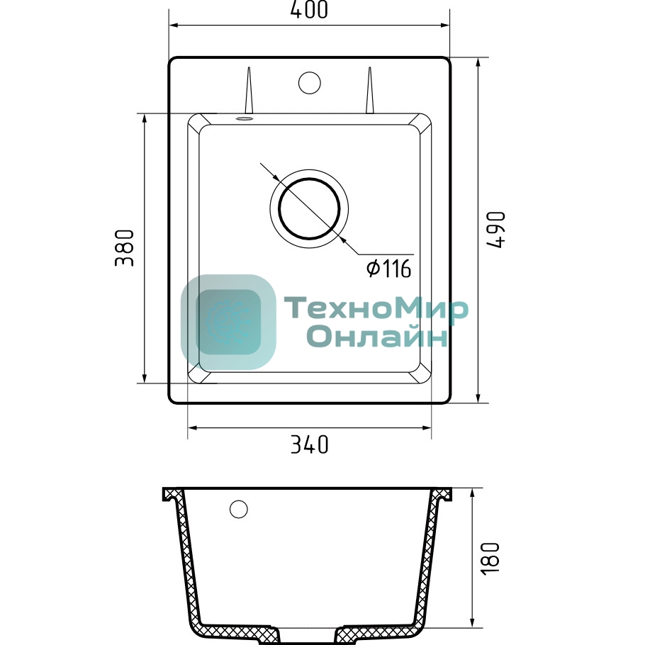 Мойка GRANFEST URBAN 240 1-чаша 400x490мм, монтаж: врезной, материал: кварц, черный