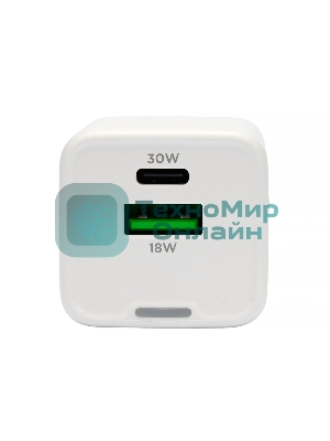 Зарядное устройство Cablexpert MP3A-PC-63, 30Вт GaN, 3А, QC4.0/PD, 1xUSB, 1xType-C, белый, пакет
