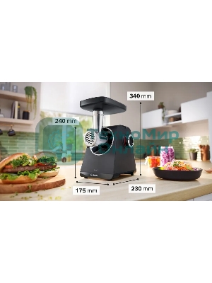 Мясорубка электрическая Bosch MFWS440B черный, 1900 Вт, 2.5 кг/мин, реверс, защита от перегрузки, насадки - 7