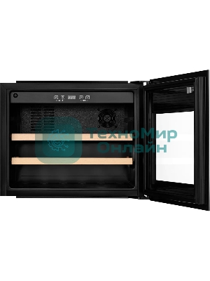 Винный шкаф Kuppersberg RBW 46, встраиваемый, High-Tech, объем 62 л, вместимость 28 бутылок, диапазон температуры 5-20 градусов, сенсорное открытие двери, 2 полки из бука, LCD дисплей, уровень шума 40 дБ, черный