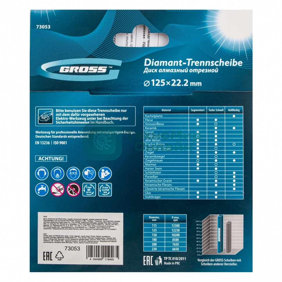 Круг алмазный Gross 73053 Ф125х22 мм сплошной по керамике