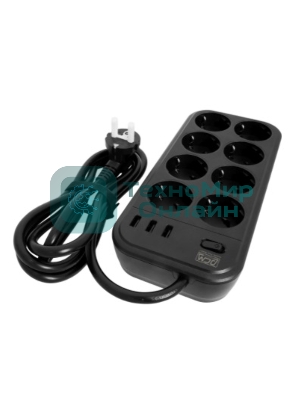 Сетевой фильтр Powercom SP-08 USB03AB 3,0 m 3.0м, 8 розеток, черный, коробка