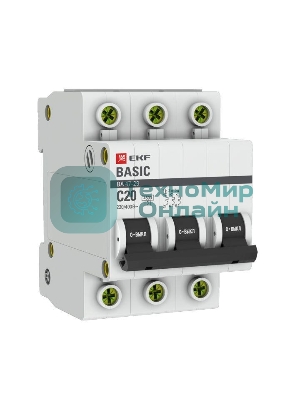 Выключатель автоматический модульный 3п C 20А 4.5кА ВА 47-29 Basic EKF mcb4729-3-20C