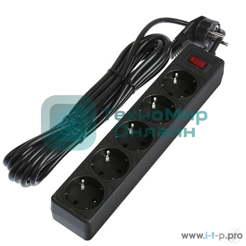 Сетевой фильтр Smartbuy SBSP-50-K One, 10А, 2 200 Вт, 5 розеток, длина 5,0 м, черный (SBSP-50-K)/35