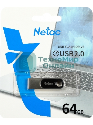 Флешка USB Netac U278 (NT03U278N-064G-20PN), 64Gb, USB 2.0, R/W 50/10, серебристый/черный