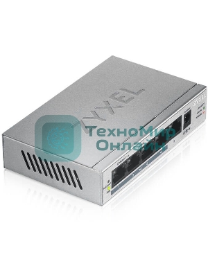 Коммутатор Zyxel GS1005HP Switch PoE +, 5xGE (4xPoE +), desktop, metal, silent, PoE budget 60 W