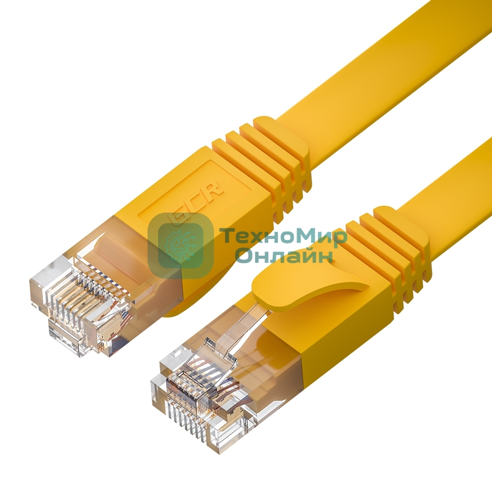 Патч-корд GCR PROF плоский прямой 15.0m, UTP медь cat.6, желтый, 30 AWG, ethernet high speed 10 Гбит/с, RJ45, T568B, GCR-52826