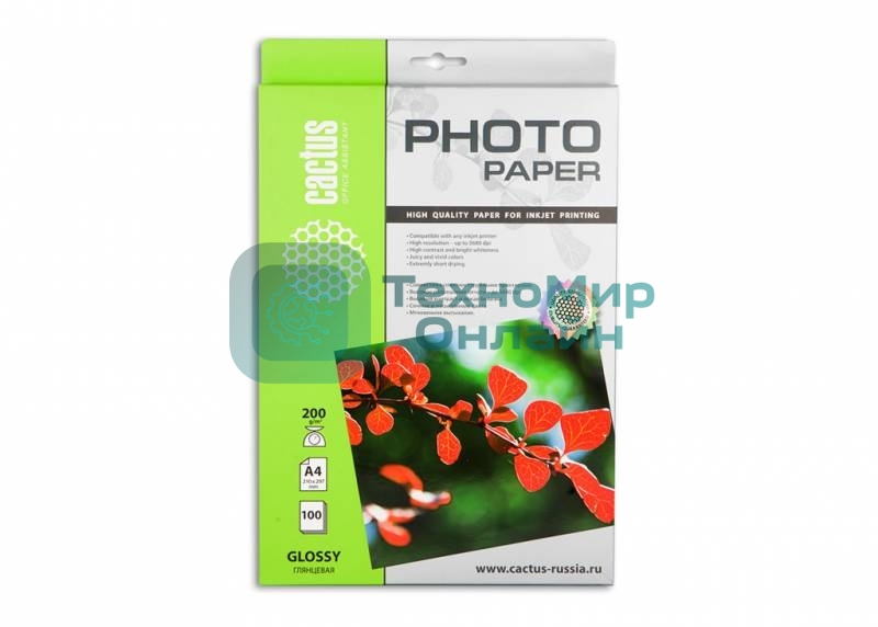 Фотобумага Cactus CS-GA4200100 A4/200г/м2/100л. глянцевая для струйной печати