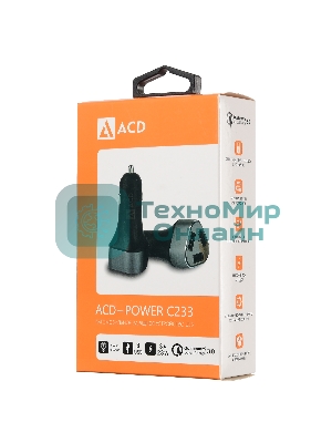 Автомобильное зарядное устройство ACD черный 23Вт, 3xUSB 1QC+2Smart, 3.6~12В, 3А RTL