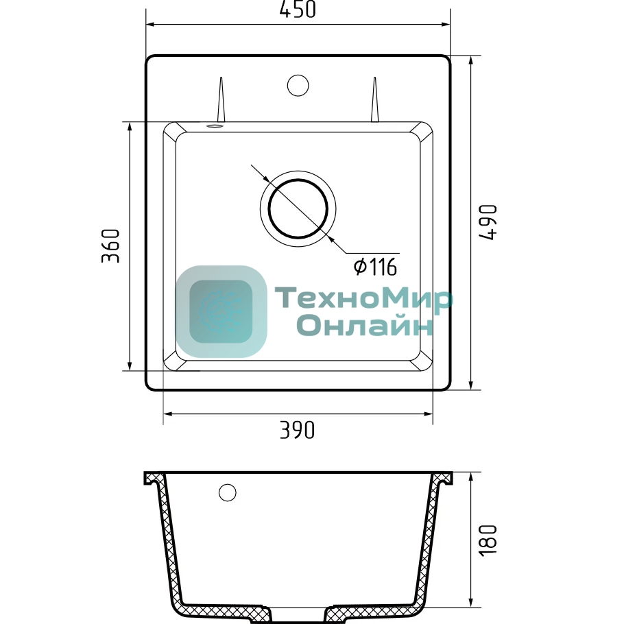 Мойка GRANFEST URBAN 245 1-чаша 450x490мм, монтаж: врезной, материал: кварц, черный