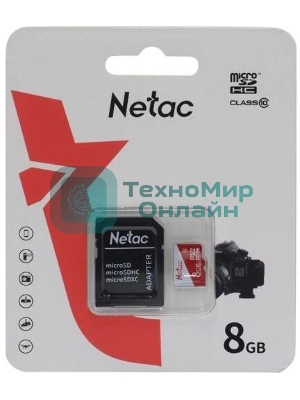 Флеш карта Netac P500 ECO MicroSDHC 8Gb C10 NT02P500ECO-008G-R,, адаптер в комплекте