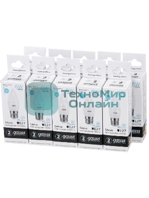 Лампа светодиодная Gauss Elementary 6Вт цок.: E27 свеча 220B 4100K св. свеч. белый ней. C37 (упак.: 10 шт)