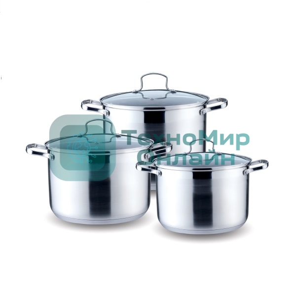 Набор посуды KELLI KL-4217 6 пред. (Кастрюля с жаропрочной стекл. крышкой 5 л. Кастрюля с жаропрочной стекл. крышкой 6.6 л. Кастрюля с жаропрочной стекл. крышкой 8 л. Высококачественная нерж. сталь 18/10. 5-ти слойное капсульное дно.)