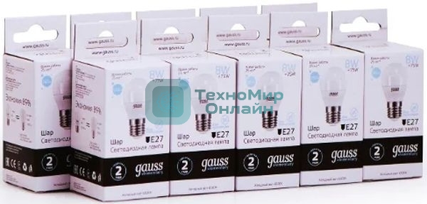Лампа светодиодная Gauss Elementary 8Вт цок.: E27 шар 220B 6500K св. свеч. белый. хол. (упак.: 10 шт)