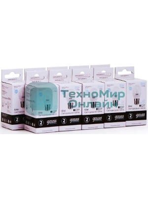 Лампа светодиодная Gauss Elementary 8Вт цок.: E27 шар 220B 6500K св. свеч. белый. хол. (упак.: 10 шт)