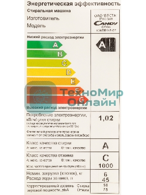 Стиральная машина Candy Smart Pro CSO34 106TB1/2-07 белый, загрузка фронтальная 6 кг, 1000 об/мин., класс: А