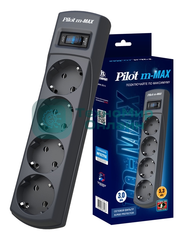 Сетевой фильтр Pilot m-MAX 3 м, 4 розетки, серый, коробка