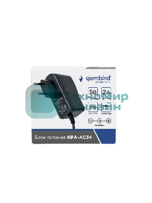 Блок питания Gembird NPA-AC34, 5В/2А, 10Вт, 1 штекер 3.5х1.35мм, черный