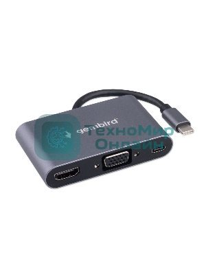 Концентратор USB Type-C Gembird UHB-D8 5в1: USB3.1, PD100W, Jack3,5, HDMI, VGA, кабель 10 см, алюминий