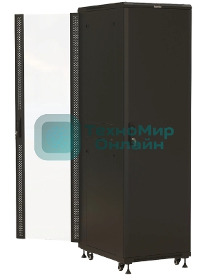 Шкаф серверный Hyperline (TTbR-4261-AS-RAL9004) напольный 42U 600x1000мм пер.дв.стекл задн.дв.спл.стал.лист 2 бок.пан. 800кг черный 910мм 2055мм IP20 сталь