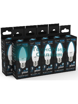 Лампа светодиодная Gauss 103102310 9.5Вт цок.: E27 свеча 220B 6500K св. свеч. бел. хол. (упак.: 10 шт)