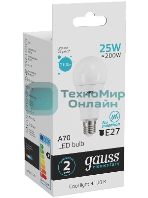 Лампа светодиодная Gauss Elementary 25Вт цок.: E27 груша 220B 4100K св. свеч. белый ней. A67 (упак.: 10 шт)