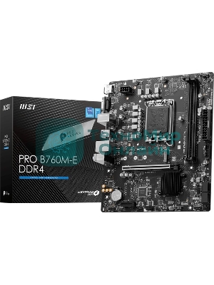 Материнская плата MSI PRO B760M-E DDR4, LGA 1700, Intel B760, 2xDDR4, 4xSATA, 1xM.2, 1xPCIe 4.0 x16, 1xPCIe 4.0 x1, 1xHDMI, 1xVGA, 1x1Gb LAN, 2xUSB-A 3.2 Gen 1, 4xUSB-A 2.0, 3x3.5 мм, 7.1, mATX