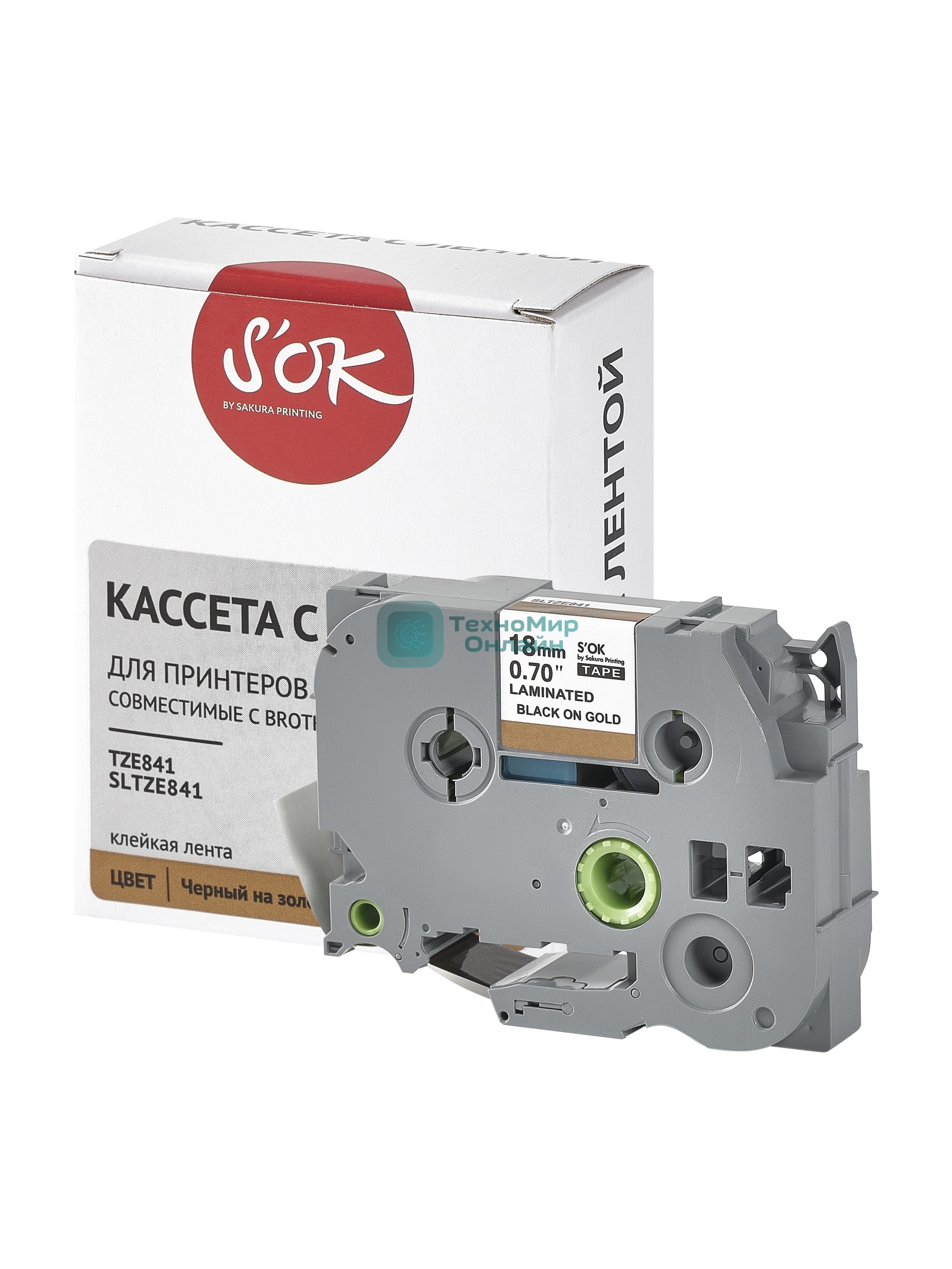 Кассета с лентой S'OK by Sakura Printing TZE841 для Brother, черный на золотом, 18мм/8м, наклейка