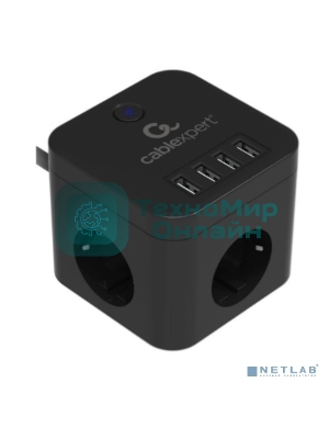 Сетевой фильтр Cablexpert Cube CUBE-3-U4-B-1.5, 3 р, 10А, 4хUSB, 1.5 м, ур.защиты 4+, черный, коробка