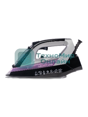 Утюг Galaxy Line GL 6128, фиолетовый с черным, паровой, 2200 Вт, постоянный пар 30 г/мин, паровой удар 140 г/мин, функции: самоочистка, антикапля, антинакипь, функция увлажнения, вертикальное отпаривание, защита от перегрева, индикатор нагрева, керамическое покрытие подошвы, резервуар для воды 170 мл