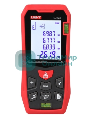 Лазерный дальномер UNI-T LM70A Диапазон расстояний (70 м); Тип дисплея (ЖК); Единицы измерения (м/фут/дюйм); Основа измерения (спереди/сзади);
