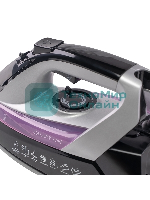 Утюг Galaxy Line GL 6128, фиолетовый с черным, паровой, 2200 Вт, постоянный пар 30 г/мин, паровой удар 140 г/мин, функции: самоочистка, антикапля, антинакипь, функция увлажнения, вертикальное отпаривание, защита от перегрева, индикатор нагрева, керамическое покрытие подошвы, резервуар для воды 170 мл