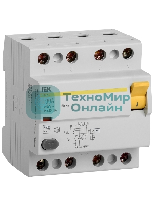Выключатель автоматический дифференциального тока IEK 4п 100A 30mA тип AC ВД1-63 IEK MDV10-4-100-030