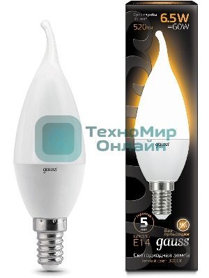 Лампа светодиодная Gauss 6.5Вт цок.: E14 свеча 220B 3000K св. свеч. бел. теп. (упак.: 10 шт)
