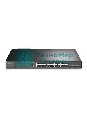Коммутатор TP-Link 24-port Gigabit Managed PoE switch with 4 10G SFP+ ports, support 802.3af/at PoE, 1 console port, 19-inch rack mount, support L2/L2+ features.