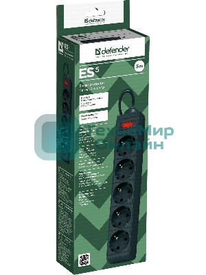 Сетевой фильтр Defender ES, 5.0 м, 5 розеток, черный
