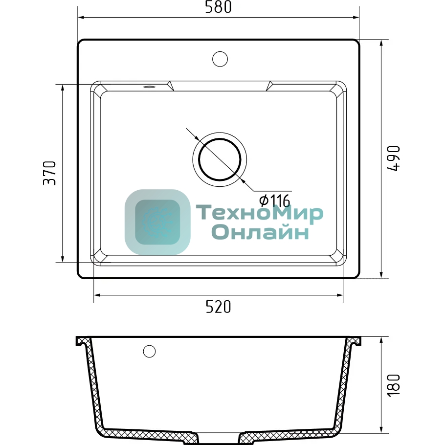 Мойка GRANFEST URBAN 658 1-чаша 580x490мм, монтаж: врезной, материал: кварц, белый
