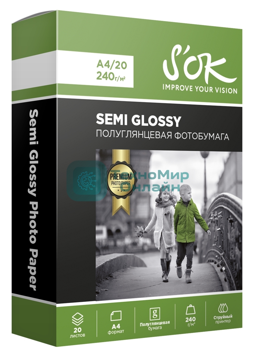 Фотобумага RC Semi Glossy Premium 240gsm; A4*20ПолуглянцеваяПремиум; 240г/м2; формат А4; 20 листов RC